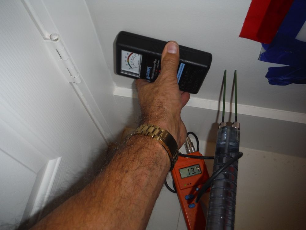Technician taking a moisture meter reading on a wall next to a door frame